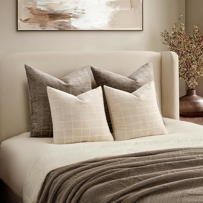 MIULEE Beige Plaid Decorative Throw Pillow Covers 26x26 Set of 2 | Vintage Check Chenille Couch Pillows Neutral Boho Farmhouse Cushion Covers Modern Home Decor for Sofa Bed Living Room