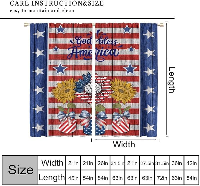 American Flag Curtains,Rustic Retro Wooden Sunflowers Stars Stripe USA Independence Day Decor Drape for Bedroom Living Room Window Treatment 2 Panels Set Total Size 63" W X 72" L Inch
