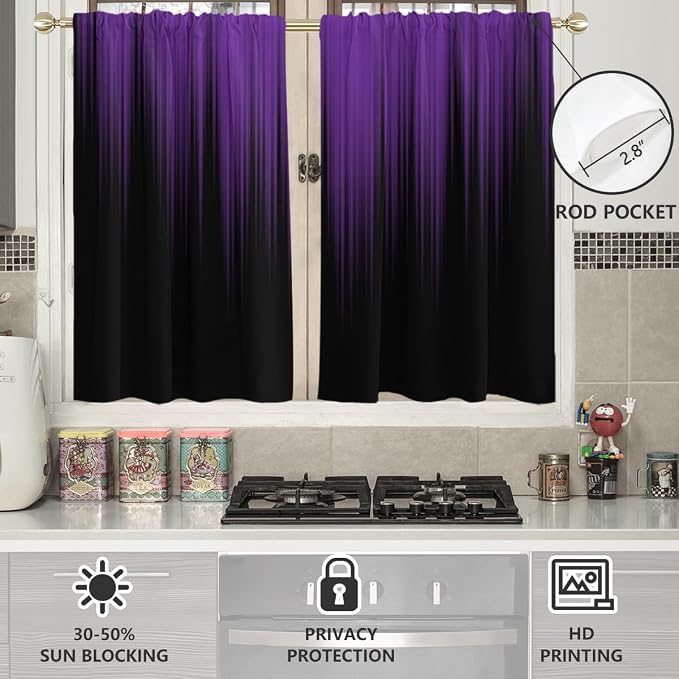 AAtter Purple and Black Kitchen Curtains, Ombre 27.5" W x 39" L, 2 Panels | Dark Gothic Rod Pocket, Plum Abstract Moody Style, Witchy Modern Anime Design, Small Short Bathroom Window Tiers for Women