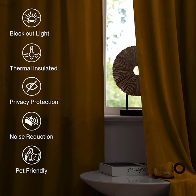StangH Gold Velvet Curtains 84 inches Long Room Darkening Window Treatment Noise Reducing Privacy Room Divider Drapes for Bedroom/Office, Mustard Gold, W52 x L84, 2 Panels