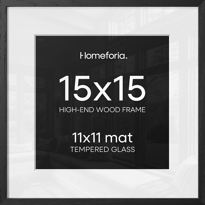 Homeforia 15x15 Black Wood Frame, High End Oak 15 x 15 Square Picture Frames with Mat 11 by 11 inches Photo, 15by15 Black Wooden Poster Frames Matted to 11x11 Print, Tempered Glass, Wall Kit, Set of 1