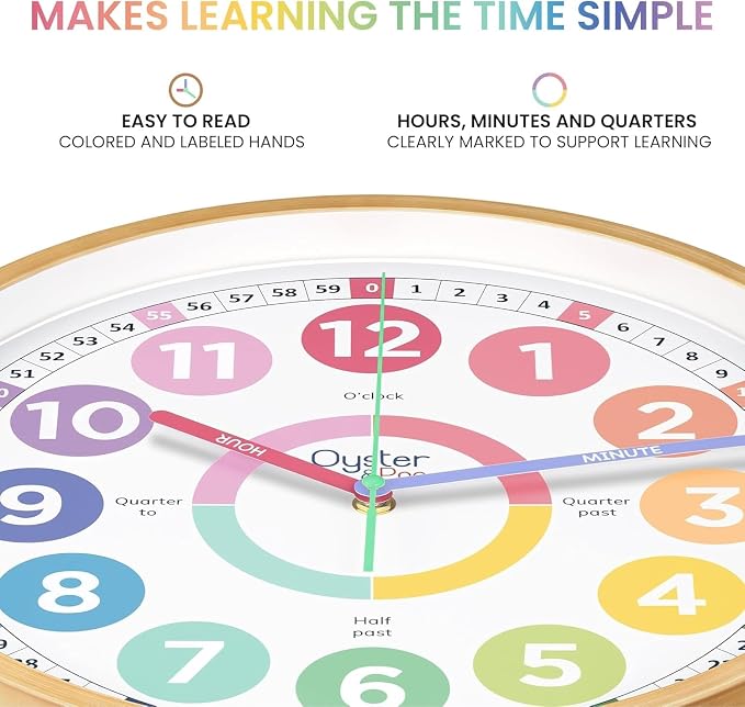 Oyster&Pop Kids Clock - Silent 14" Analog Learning Wall Clock - Award-Winning Telling Time Teaching Clock for Kids - Large for Classrooms Homeschool & Bedrooms - Includes eBook