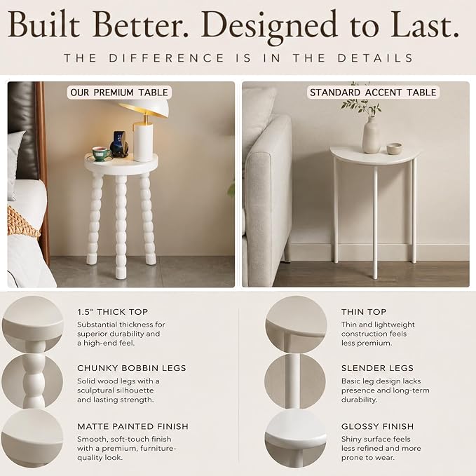 LitaEther Bobbin Side Table, Solid Wood Half Moon End Table, Small Wooden Accent Table with Chunky Turned Legs, Plant Stand for Living Room Bedroom Entryway, Modern Farmhouse Bedside Table, White