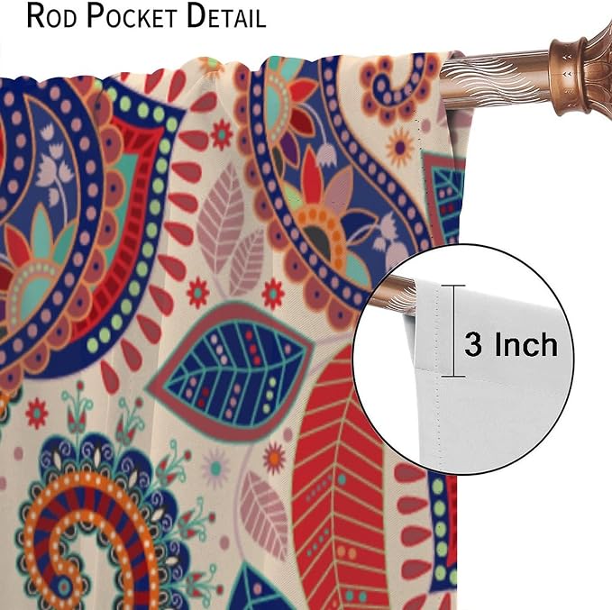 Boho Decorative Curtains Bedroom Living Room Rod Pocket Curtains, Vintage Boho Grill Floral Pattern 2 Panel Set, 42x45 in.