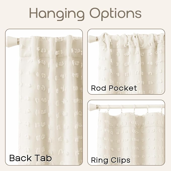 Lino Rosa Back Tab Pom Pom Cream Curtains for Girls Room Bedroom Nursery Short Blackout Curtains Double Layer 63 Inch Length