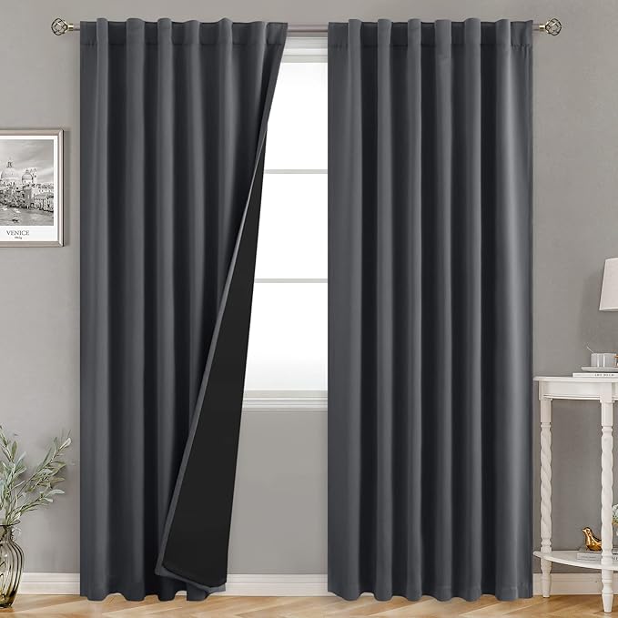 BGment Dark Grey 100% Blackout Curtains for Bedroom, 78 Inch Black Out Living Room Panels with Thermal Liner, Rod Pocket and Back Tab Double Layer Room Darkening Drapes, 2 Panels, Each 52 x 78 Inch