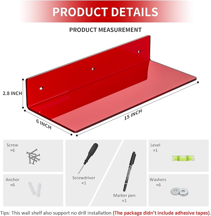 Sezanrpt 15 Inches Red Acrylic Shelves, Wall Mounted Shelves for Bedroom, Wall Display Shelves for Collectibles, Funko Pop, Speaker, Plants, 2 Pack