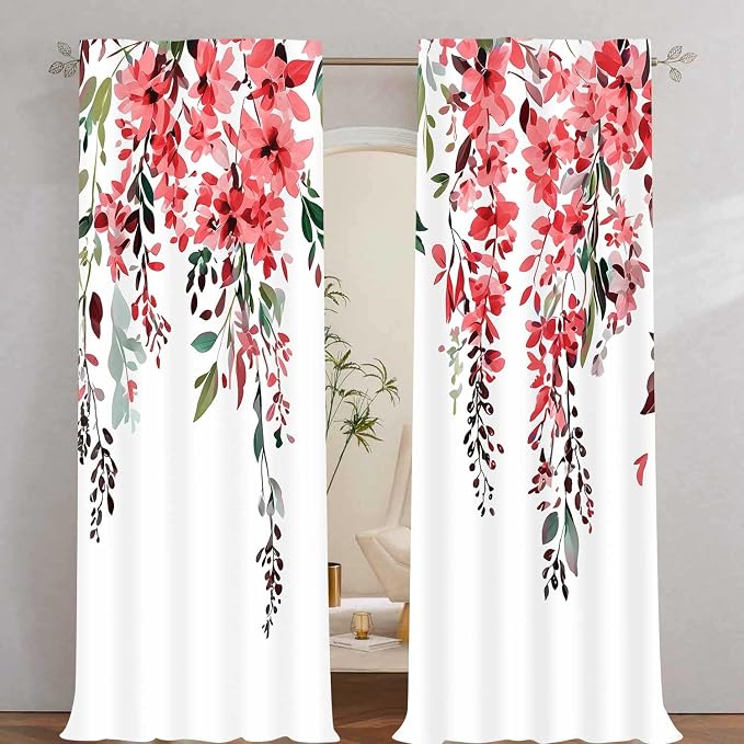 Red Watercolor Floral Curtains, Botanical Leaves Vine Flowers Curtain, Rustic Farmhouse Flower Leaf Blackout Window Treatment Drapes for Bedroom Living Room 52x90 inch, 2 Panels
