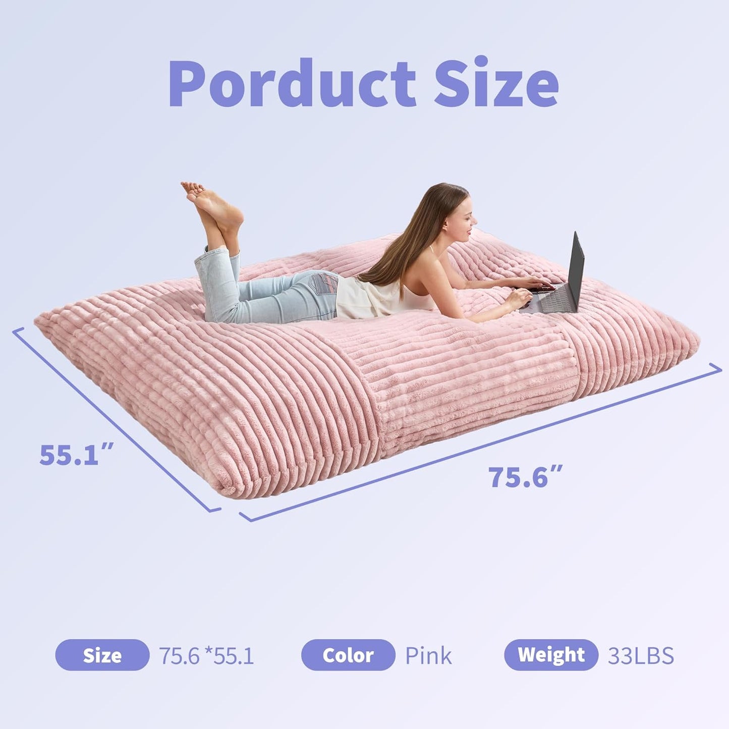 Hobestluk 3 in 1 Bean Bag Chair Giant Bean Bag Chairs Convertible Bean Bag Floor Cushion with Machine Washable Cover, Beanbag Chairs for Adult (Pink)