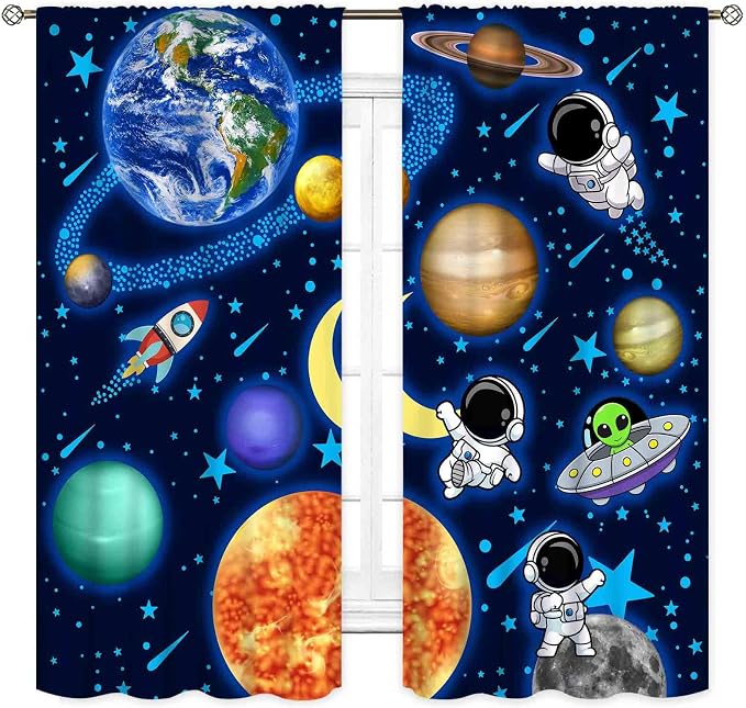 Space Curtains, Kids Boys Solary System Universe Outer Space Planet Astronaut Galaxy Blackout Window Drapery Treatments for Living Room Nursery Playroom 2 Panels, 84"x63" Inch