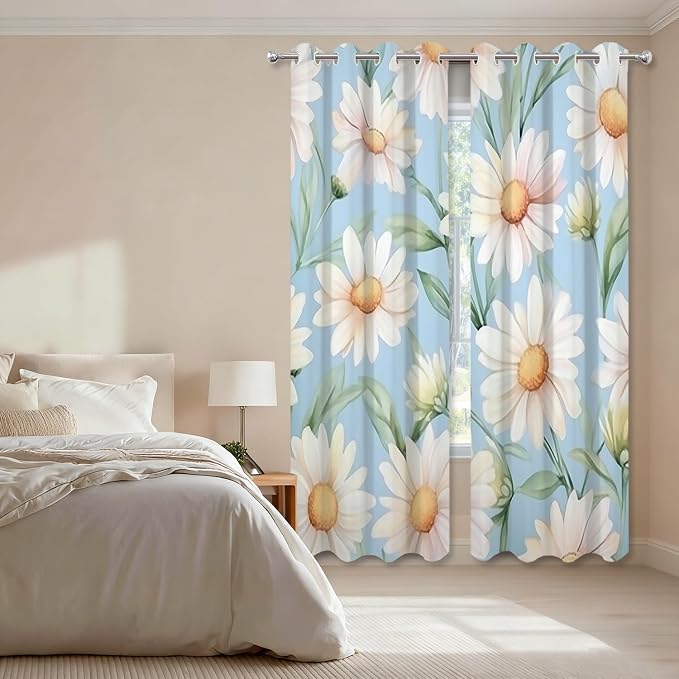 Shrahala Daisies Leaves Thermal Insulated Blackout Window Curtains, White Daisies On Blue Long Drapes for Bedroom/Living Room with Plastic Grommet, 52X63 Set of 2