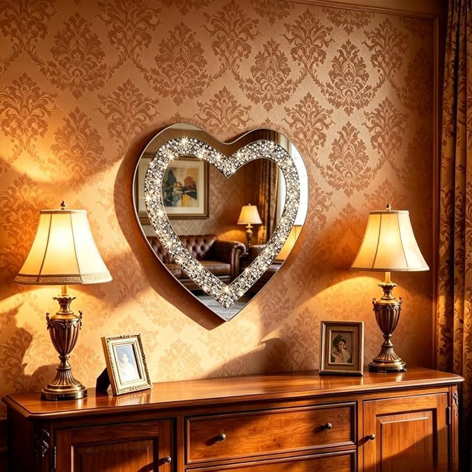 DMDFIRST Crystal Crush Diamond Heart Shaped Silver Mirror for Wall Decoration 20x20x1 inch Wall Hang Frameless Mirror Acrylic Diamond Décor.