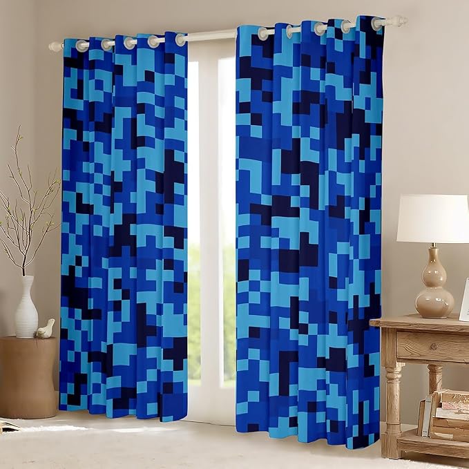 Castle Fairy Navy Blue Camouflage Window Curtain,Geometric Checked Bedroom Decor Curtains,Kids Boys Teens Pixelated Miner Style Window Treatment Video Games 100% Blackout Drapes 2 Panels,42Wx63L