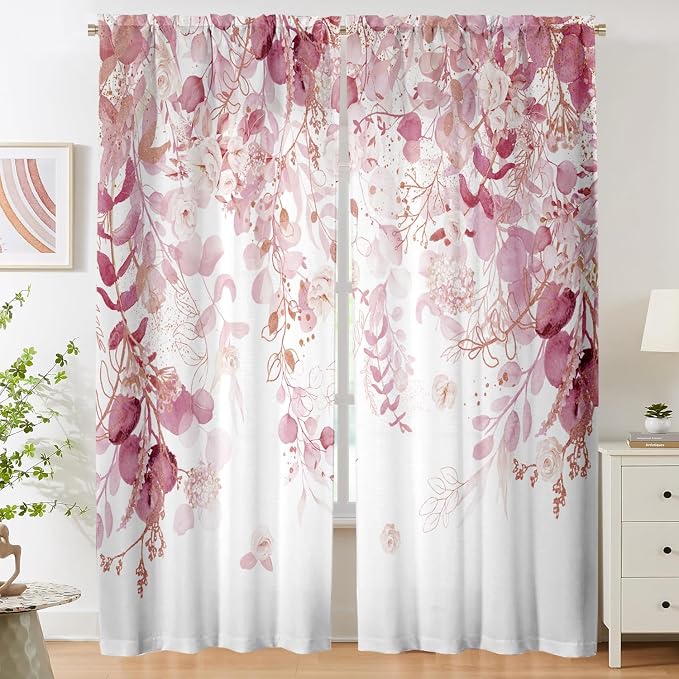 Pink Floral Leaf Sheer Curtains for Girls Bedroom, Botanical Farmhouse Light Filtering Privacy Semi-Sheer Cute Light Pink Curtains for Kids Nursery 84 Inches Long 2 Panels,Rod Pocket,Each 52 Inch Wide