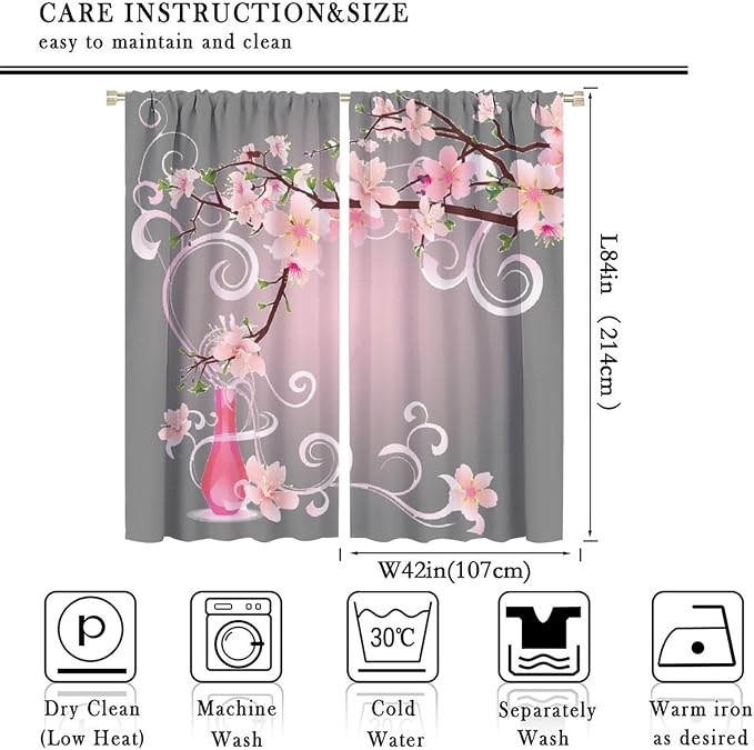 Cherry Blossom Curtains,Pink Flower Japanese Floral Print Window Treatments for Bedroom Living Room Kitchen Polyester Fabric Window Drapes 2 Panels Set,Total Size 84 x 84 Inch