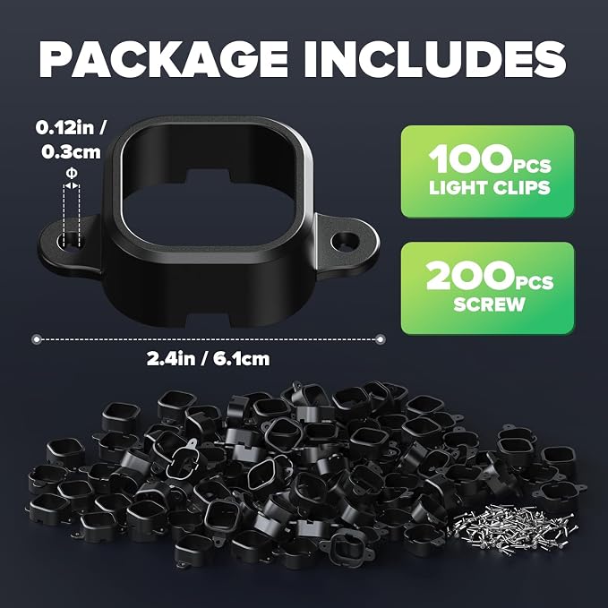 Vokelater 100Pcs Light Clips for Govee H706, Mounting Brackets Compatible with Govee Pro Permanent Outdoor Lights Extension, 200pcs Screws Secure Installation - Black