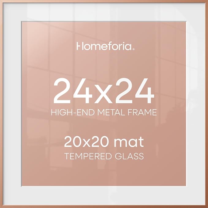 Homeforia 24x24 Picture Frame Rose Gold, High End Metal 24 x 24 Large Square Poster Frame with Mat 20 by 20 inch Photo, 24by24 Thin Frames Matted to 20x20 for Print, Tempered Glass, Wall Kit, Set of 1