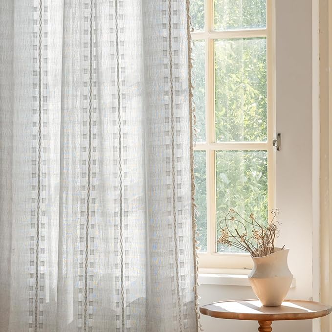 Deeprove Silver Grey Boho Curtain 63 inches Length for Living Room Bedroom Nursery, Retro Casual Bohemian Sheer 63 inches Long Stripe Embroidery Privacy Window Tassel Decor W52 x L63, 1 Panel