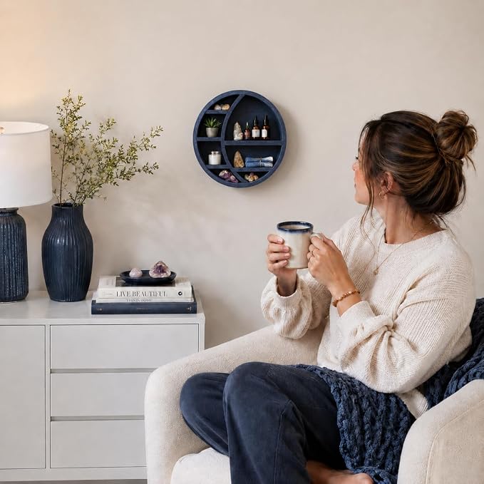 Wooden Crescent Moon Shelf - Boho Wall Decor Crystal Display Shelf for Bedroom, Dorm & Nursery | Crystal Holder for Essential Oils, Witchy & Moon Phase Decor | 14x14x3.5 | Paulownia Wood