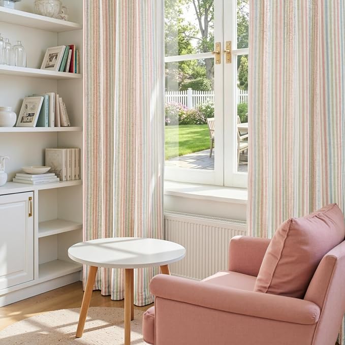jinchan Linen Curtains for Living Room, Candy Striped Curtains 96 inch Length for Baby Girls Kids Room, Ticking Stripe Pattern Light Filtering Nursery Drapes, grommet Window Treatments, 2 Panels Candy
