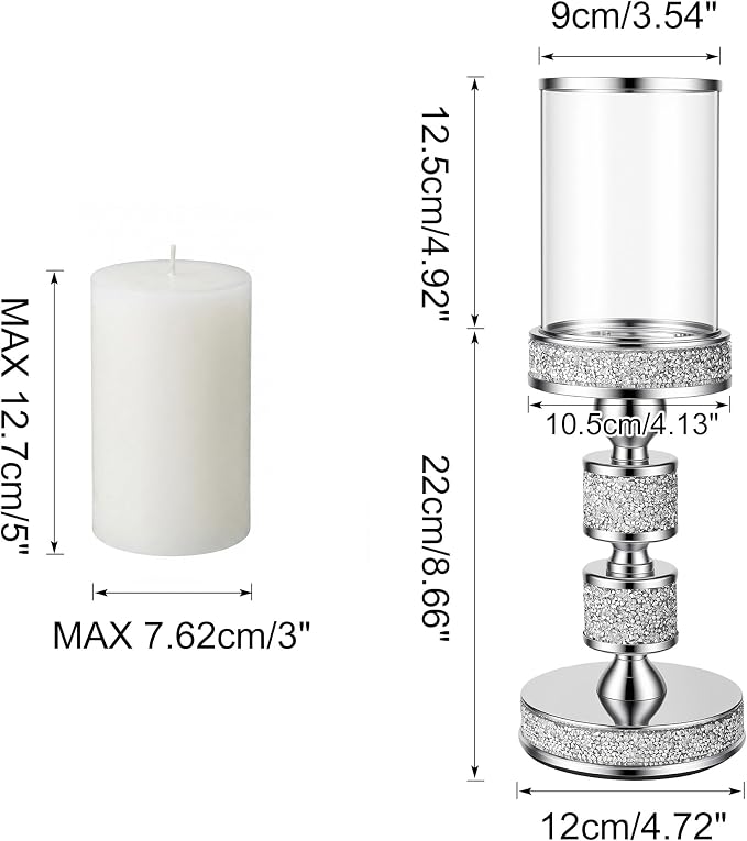 Hurricane Candle Holder, 13.5" Tall Metal Candle Stand, Glass Pillar Candle Holders, Crystal Silver Decorative Centerpieces for Table, Wedding and Dining Room (Fits Candles up to 3"x5", 2pcs, M)