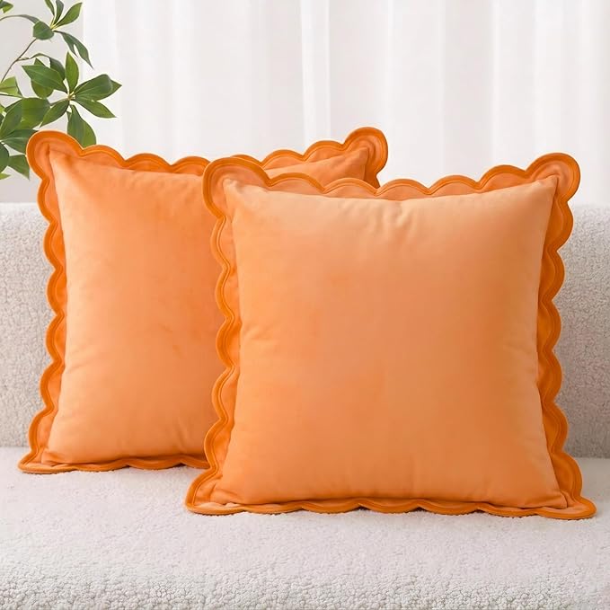 Folkulture Fall Pillow Covers 18x18 - Set of 2 | Orange Fall Throw Pillows for Living Room, Fall Bedroom Decor |Decorative, Cute, Aesthetic, Preppy, Scalloped Outdoor Pillows for Couch,Farmhouse Decor
