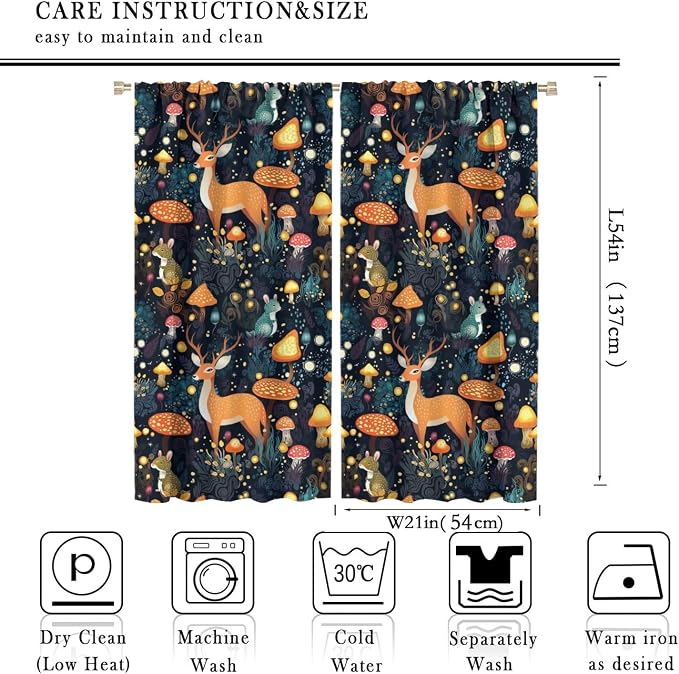 Fantasy Plant Curtains,Cute Woodland Deer Forest Animal Floral Mushroom Print Window Treatments for Bedroom Living Room Study Window Drapes 2 Panels Set,Total Size 42 x 54 Inch
