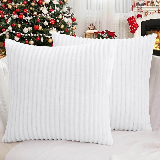 Simmore Decorative Fall Throw Pillow Covers 24x24 Set of 2, Soft Natural Plush Flannel Double-Sided Fluffy Couch Euro Sham Pillow Covers for Sofa Living Room, White