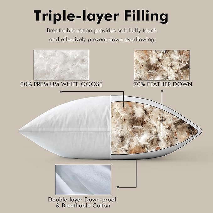 MIULEE 28 x 28 Goose Feather Down Euro Pillow with 100% Cotton Cover, Set of 1 Soft Fluffy Decorative Pillow Insert for Sofa Bed Couch Living Room White