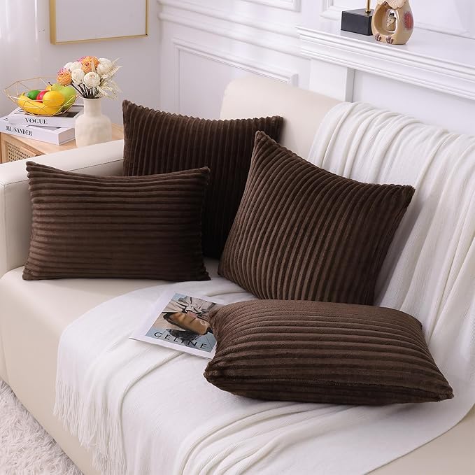 Simmore Decorative Fall Throw Pillow Covers 20x20 Set of 2, Soft Natural Plush Flannel Double-Sided Fluffy Couch Pillow Covers for Sofa Living Room, Brown