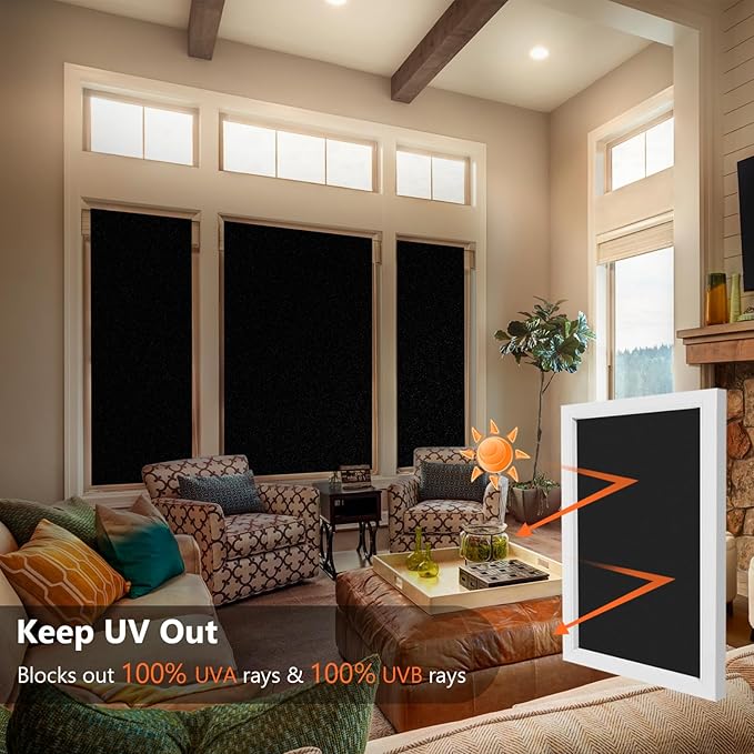 Kromapolis Blackout Window Privacy Film Total Light Blocking Room Darkening Window Covering, Removable Static Cling Frosted Glass Tint, Non-Adhesive, Black 35.4'' x 157.4''