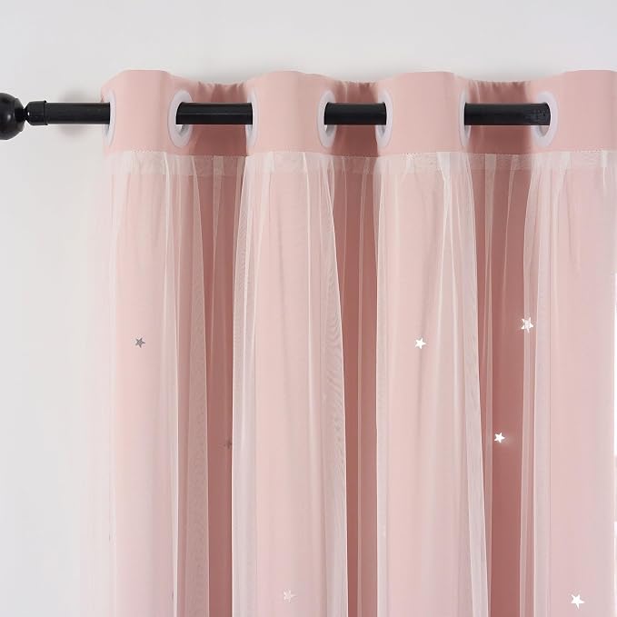 Light Pink Curtains for Girls Room Blackout 63 Inches Long Cute Star Cutout | Nursery Double Layer Curtains & Drapes Tulle Lace 2 Panel Thermal Insulate Bedroom Darkening Window Treatments Cortinas Blush