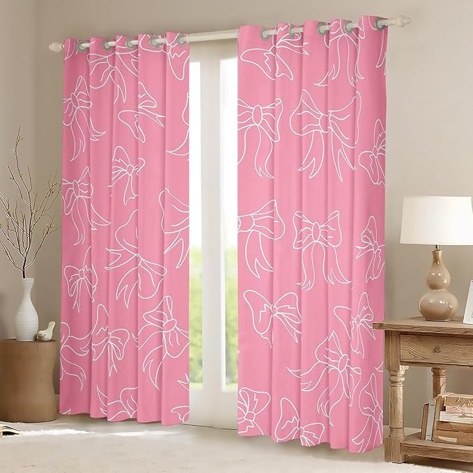 Feelyou Cute Bowknot Room Darkening Blackout Curtain Boys Girls (2 Panels, 42 x 84 Inch) Pink Girls Bow Curtains for Bedroom Living Room Bow Blackout Curtains Kawaii Window Treatments