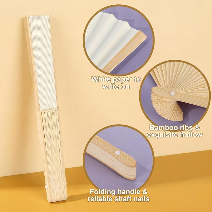 Qunclay 60 Pcs White Paper Hand Fans Bulk Bamboo Folding Handheld Wedding Fans for Bridal Dancing Party Favors Church Home Decoration Gift DIY Supplies Stage Props in OPP Individual Package