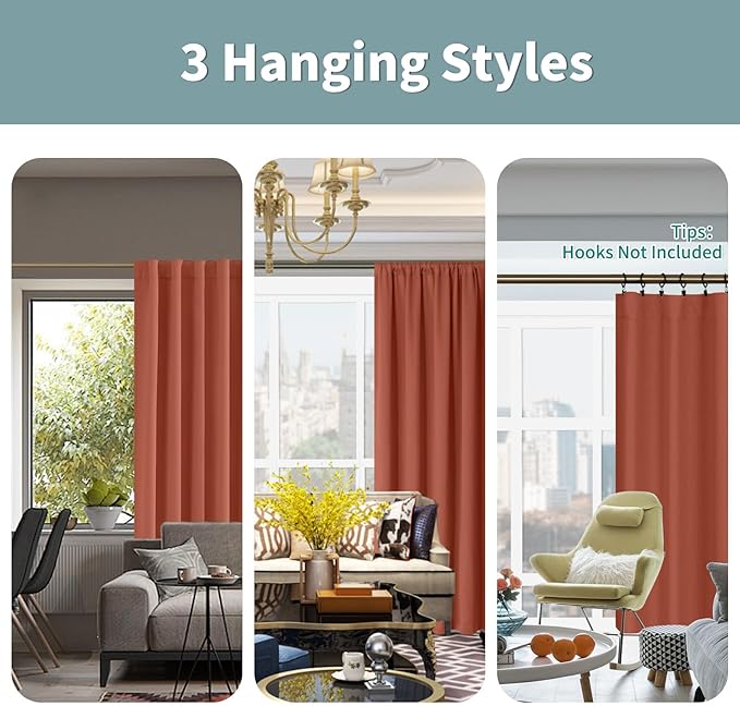 BGment 100% Blackout Curtains 63 Inch Length with Liner, Room Darkening Thermal Insulated Double Layer Noise Cancelling Rod Pocket and Back Tab Curtains for Bedroom, 52 x 63 Inch, 2 Panels, Terracotta