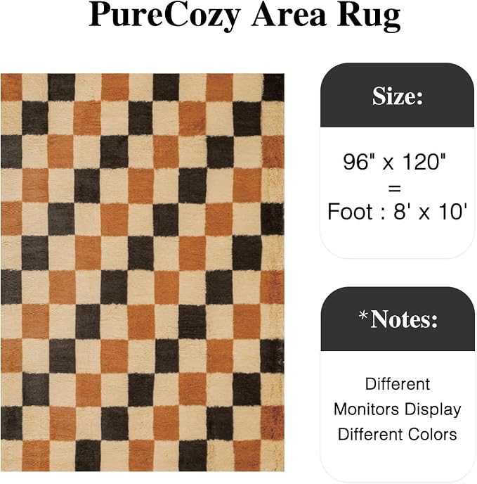 PureCozy Checkered Rug 8x10 for Living Room, Colorful Modern Shag Rug Washable Non-Slip Large Area Rug Super Soft Indoor Fuzzy Carpet Fluffy Rugs for Bedroom Home Aesthetic Decor