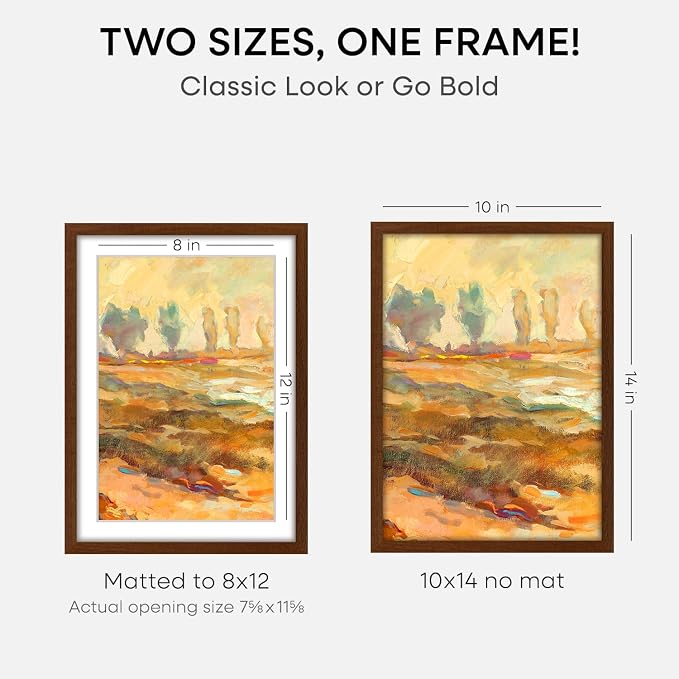 Homeforia 10x14 Brown Picture Frame, High End Dark Oak 10x14 Walnut Poster Frame with Mat 8x12, 10 x 14 Wooden Frame Matted to 8 by 12 inch Photo, 14x10 Thin Frames, Tempered Glass, Wall Kit, Set of 2