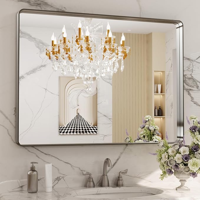 LOAAO 40X24 Inch Brushed Nickel Bathroom Mirror, Rounded Rectangle Silver Metal Frame Mirror, Brushed Nickel, Anti-Rust, Hangs Horizontally or Vertically