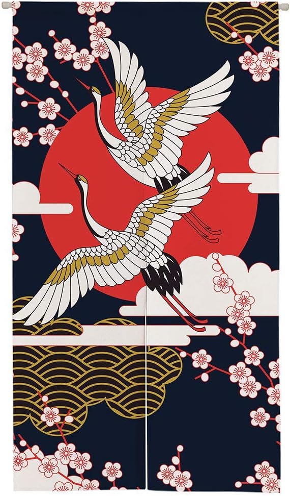 Ofat Home Crane & Sakura Noren Curtain 33.5" x 59" Japanese Style | Flying crane and cherry blossom design with rising sun motif, elegant Asian style fabric hanging curtain for doorway decor