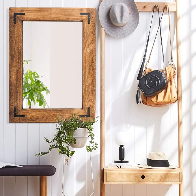 YOSHOOT Rustic Wooden Framed Wall Mirror, Natural Wood Bathroom Vanity Mirror for Farmhouse Decor, Vertical or Horizontal Hanging