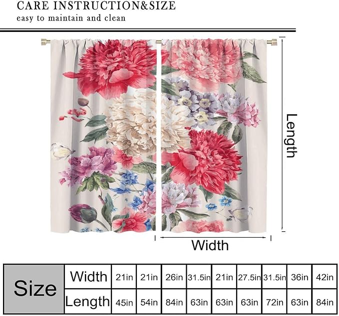 Floral Decor Window Curtain Vintage Bouquet of Peony Wild Flowers Nature Botanical Leaf for Home Kitchen Livingroom Coffee Room Window Drapes 2Panel 41" W X 62" L