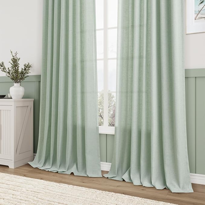 Aersas 102 Inches Aqua Green Linen Curtains for Living Room Bedroom Semi Sheer Privacy Cotton Textured Drapes Light Filtering Sliding Glass Door Curtain Farmhouse Rustic Decorations 52x102