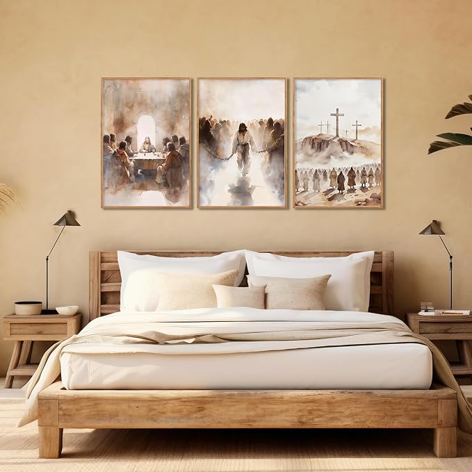 LHIUEM Large Jesus Neutral Framed Canvas Wall Art Set,Christ Church Wall Decor,Christian Bible Story Religious Easter Last Supper Artwork for Living Room,Churches,Prayer Room Decor- 24''x36''x3