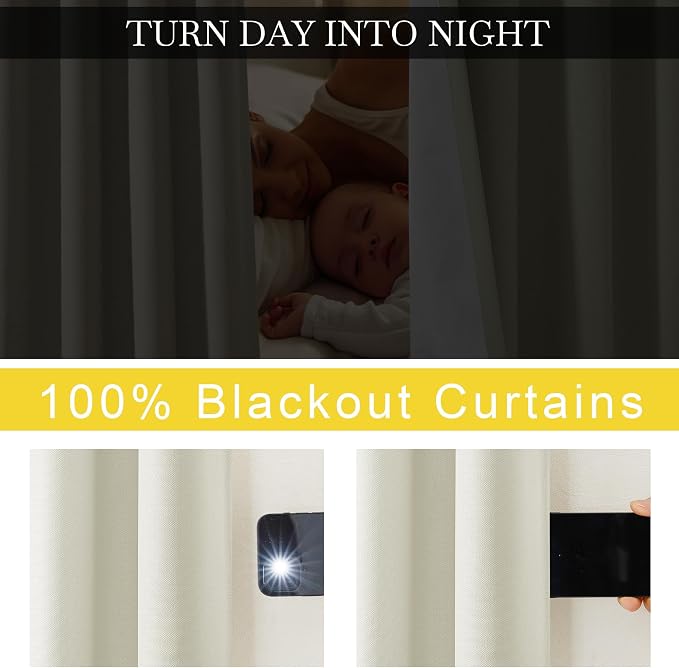 NICETOWN Faux Linen 100% Blackout Living Room Curtains 96 inches Long, Silver Grommet 2 Layers Window Treatment with White Liner Thermal Curtains for Bedroom, Vanilla, W52 x L96, 2 Panels