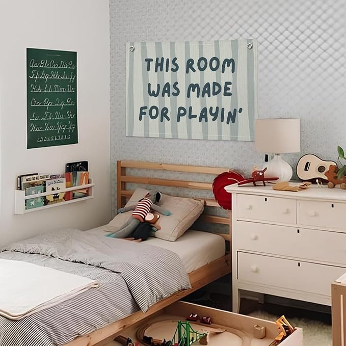 Playroom Decor Wall Banner "This Room Was Made For Playin'" 20x30 Inch - Nursery Canvas Art, Kids Bedroom Hanging, Linen Toddler Play Area Sign, Children's Canvas Flag Decor - Blue