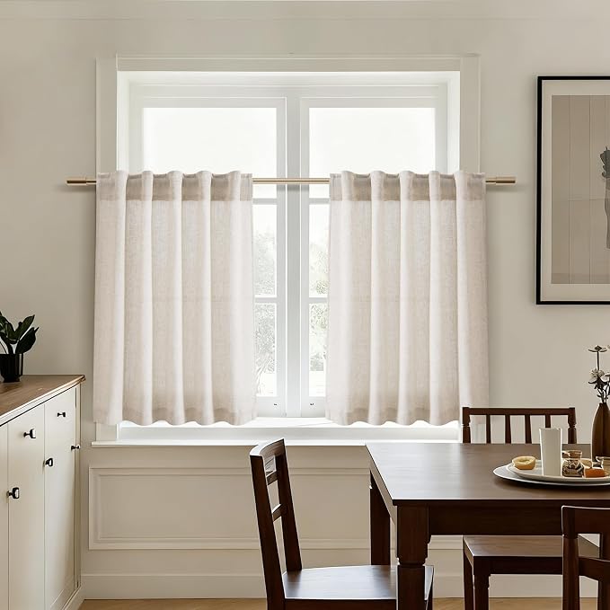 Nanspring Beige Linen Curtains for Kitchen Windows Over Sink Farmhouse Short Semi Sheer Curtains Back Tab and Rod Pocket Rustic Curtain Cortinas para Cocina for Cafe Bathroom,2 Panels 36 x 36
