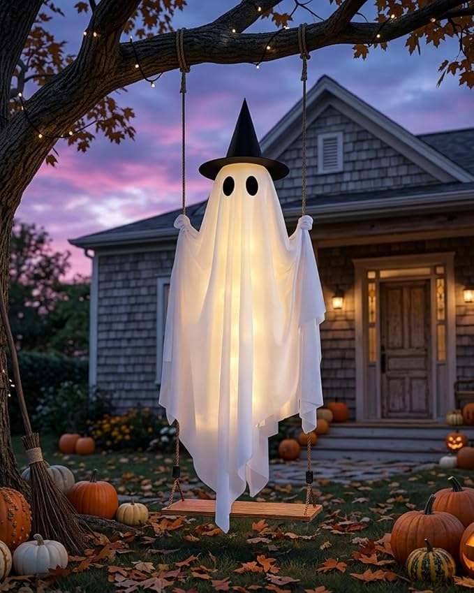 Halloween Hanging Swing Ghost Halloween Decor, Spooky Ghost Decor Outdoor | LED Lights & Remote Control, Timer Function, Waterproof, Solid Wood,With Witch Hat, Rope Adjustable