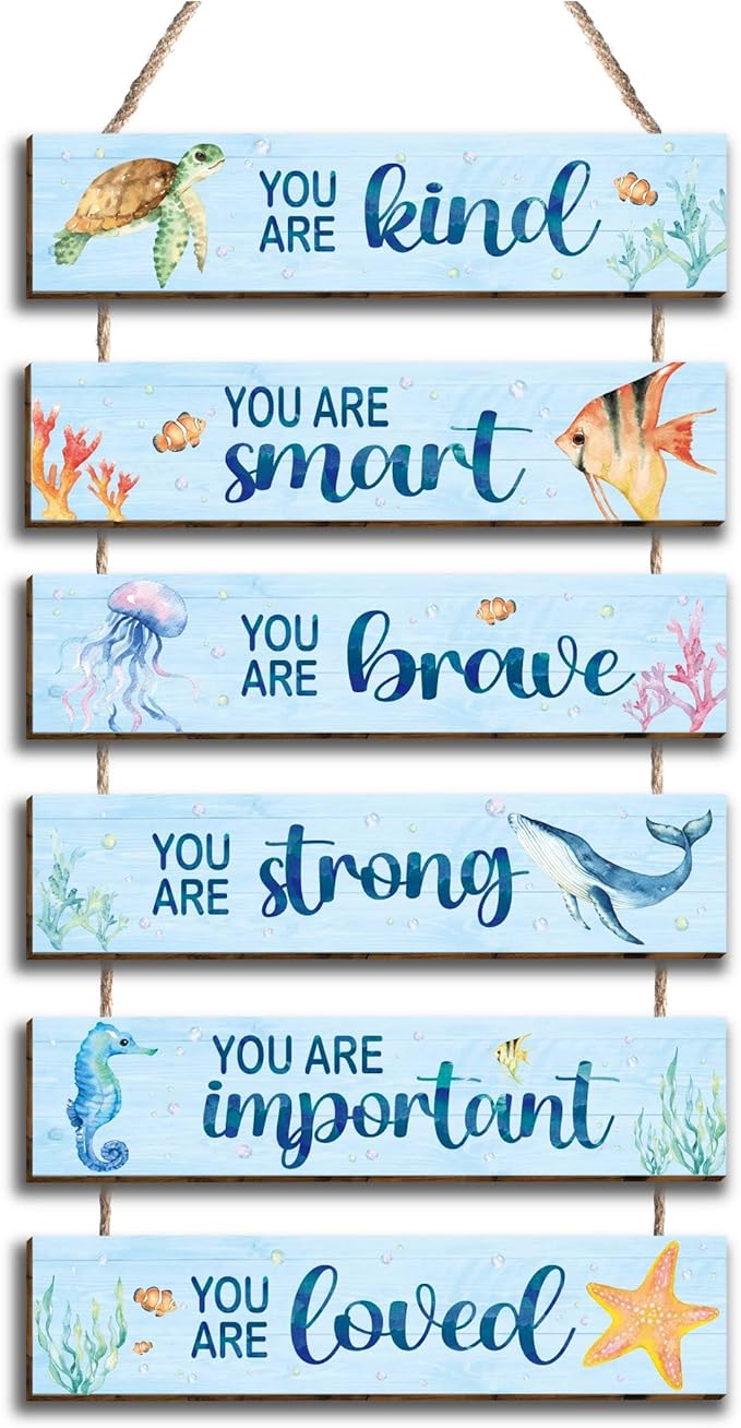6 Pcs Ocean Decor Kids Room Placards of Wood Decor, Watercolor Ocean Inspirational Positive Quotes Works of art of Wood Wall Art Hanging Sign for Teens Children Bedroom Princess Toddler Room