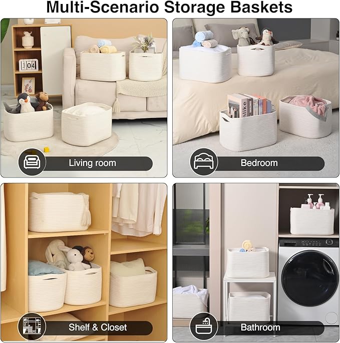 ICERZCZ Storage Baskets for Organizing & Shelves, Woven Cotton Rope Organization Bins for Dog Toys, Clothes, Books, Nursery Organizer, 15" Lx11''Wx9.5''H, (4 Packs) Off White
