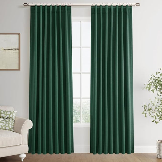 Joywell 100% Blackout Linen Curtains 84 Inch Long for Bedroom Black Out Curtain Back Tab Hook Belt 2 Panels Set Thermal Insulated Drapes for Living Room with Hooks 52 x 84,Dark Green